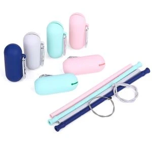 Pajita de silicona plegable portátil rosa con estuche